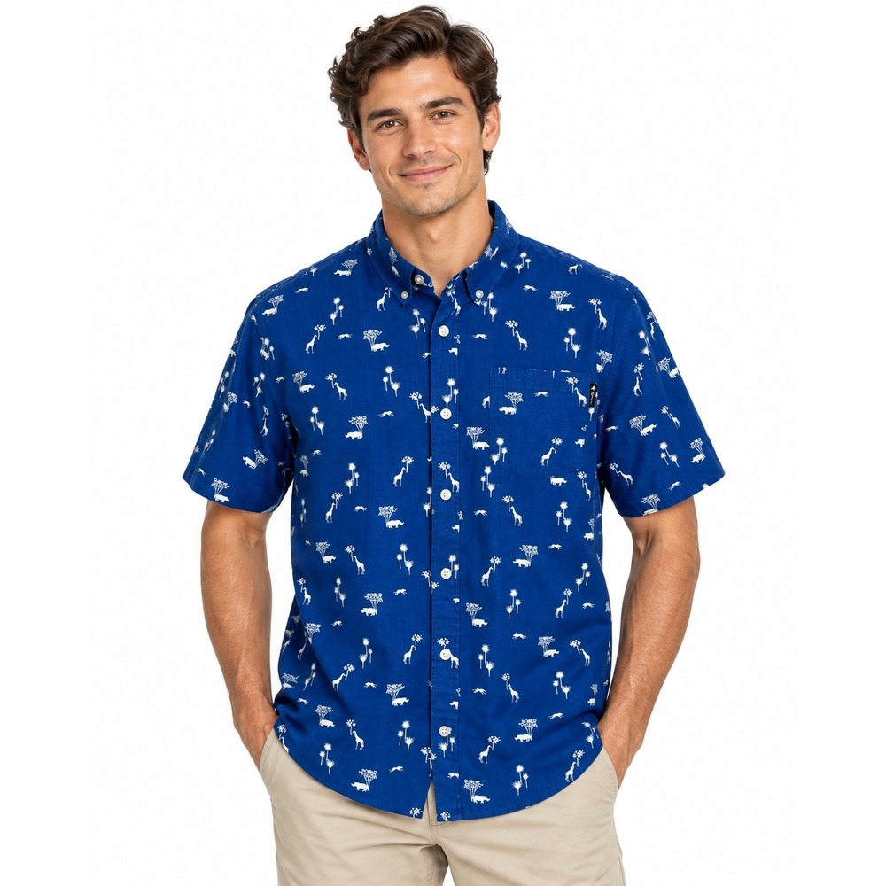 LRG Blue Giraffe Safari Print Short Sleeve Button Down Men's Shirt | M